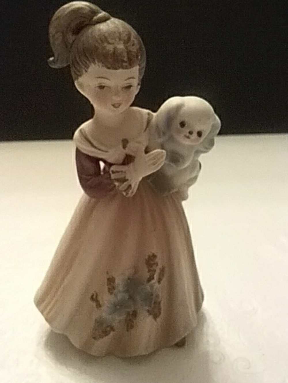 Vintage Porcelain Girl Figurine in Cream and Brown with Puppy Bisque 70s